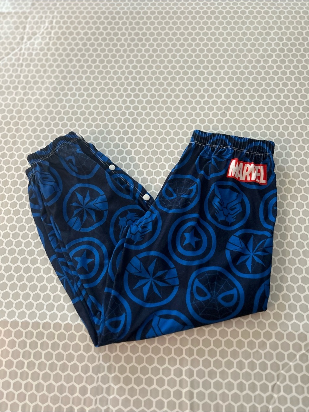 Disney Marvel Navy and Royal Blue Kids Superhero Joggers w Snap Legs    Size S